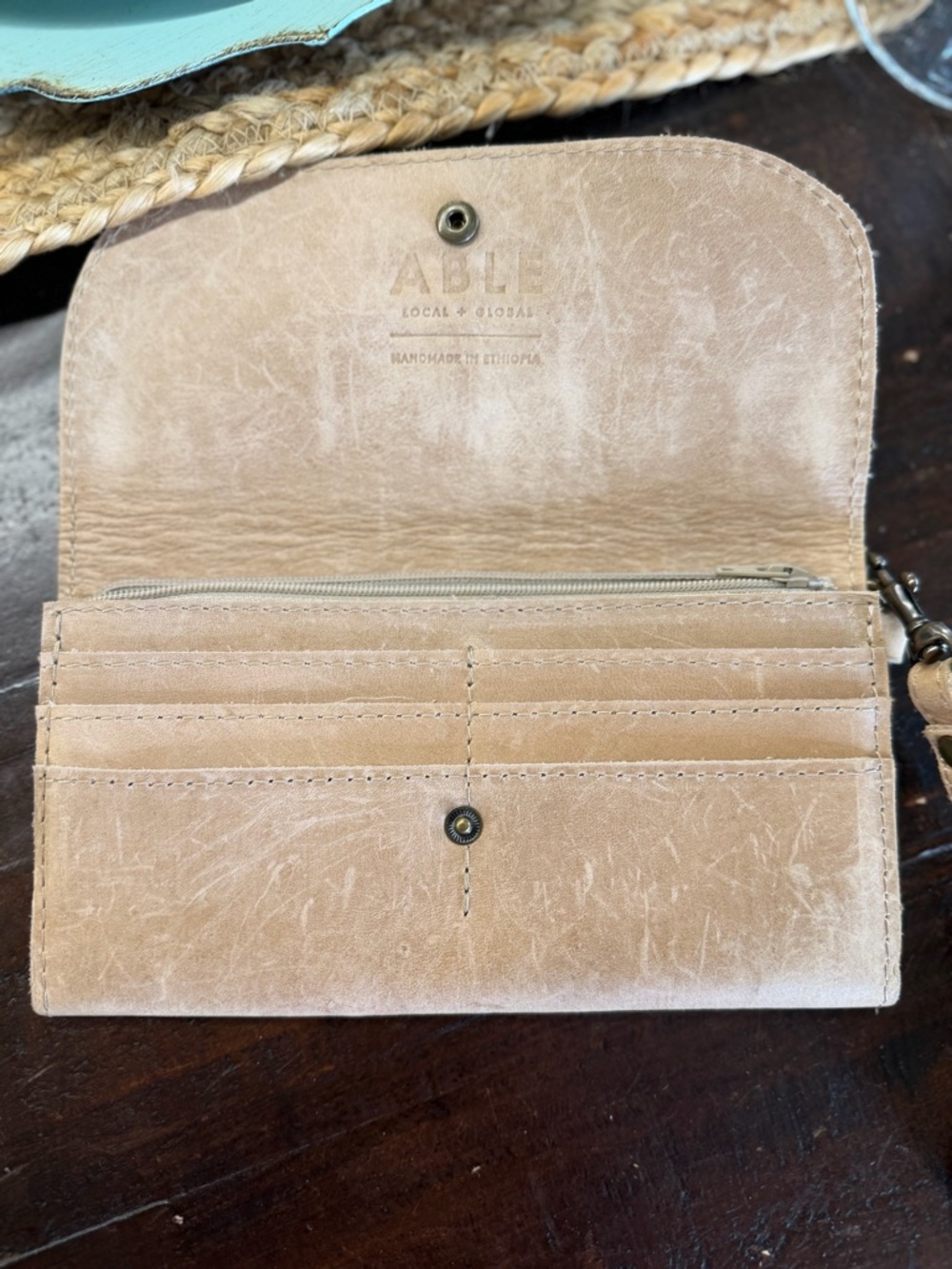 Able Natural Leather Fold Wallet Clutch - Beige